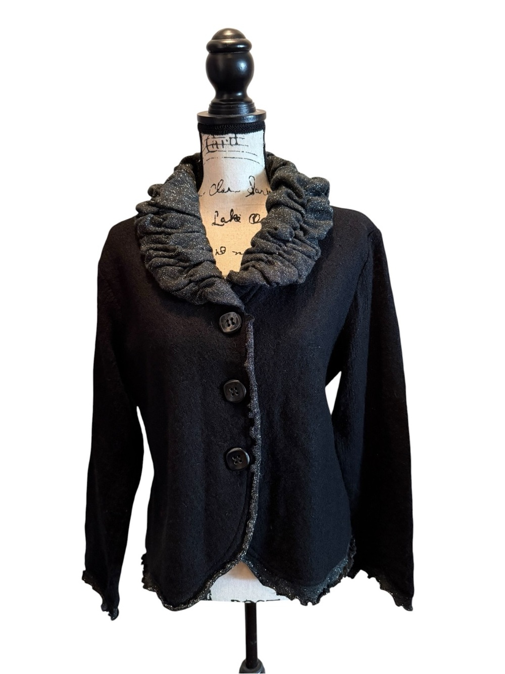 Lisa International Boiled Wool Sweater Cardigan Black Ruffle Size PL Large